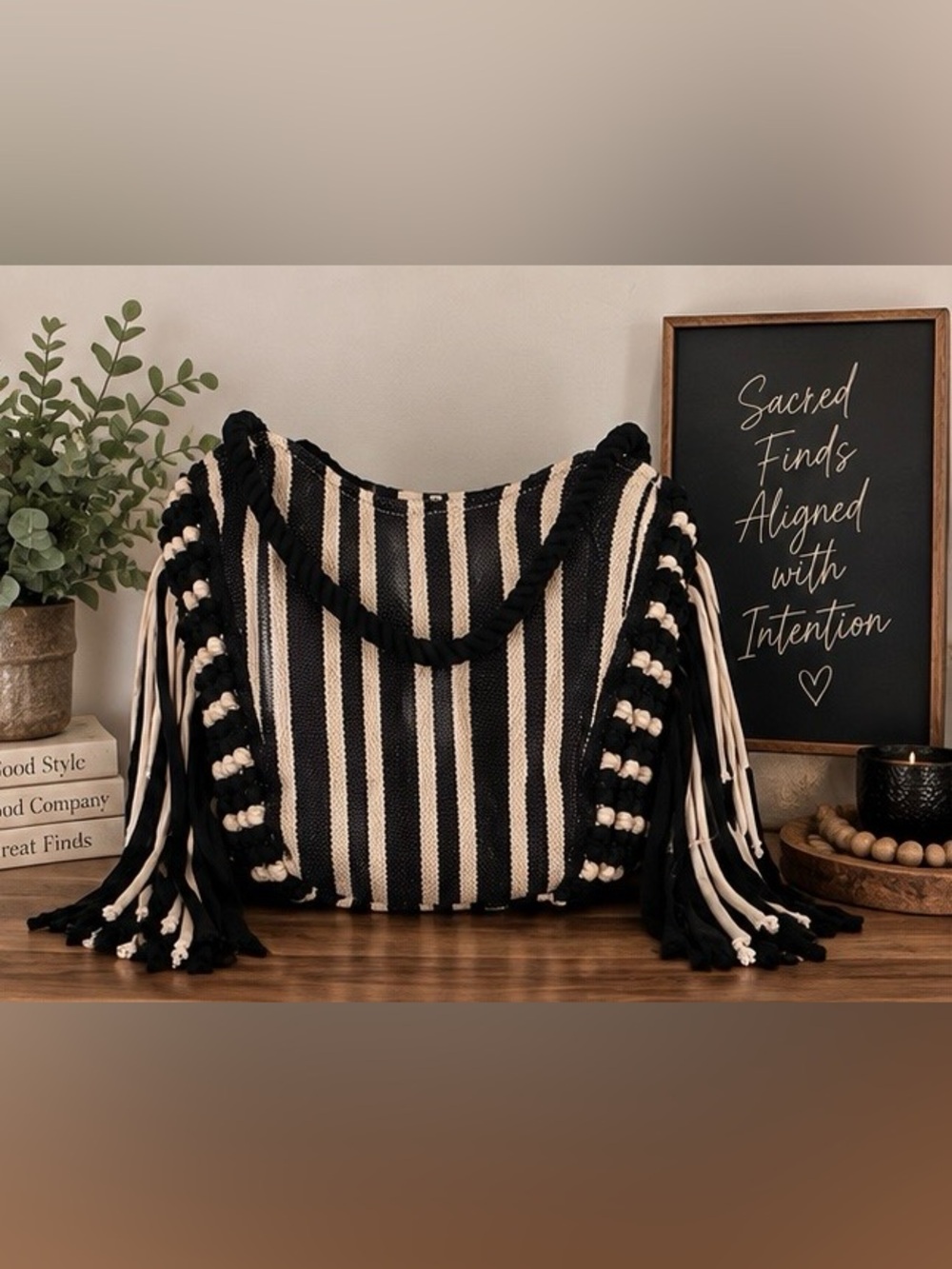 Twig & Arrow Large Fringe Tote Shoulder Bag Black & Cream